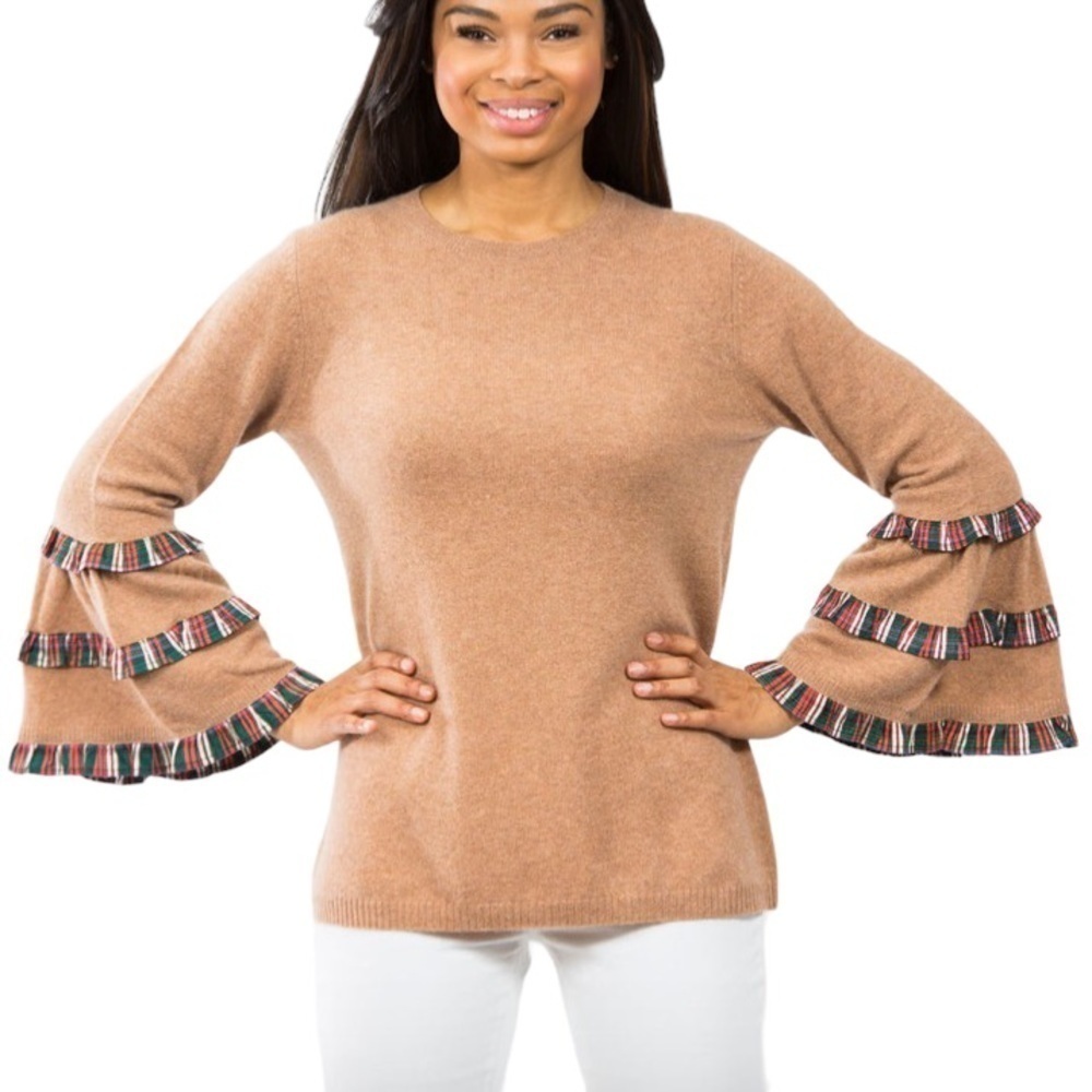 TWO BEES CASHMERE NEW Plaid Bell Sleeve Cashmere Sweater Size XL in Camel Tan
